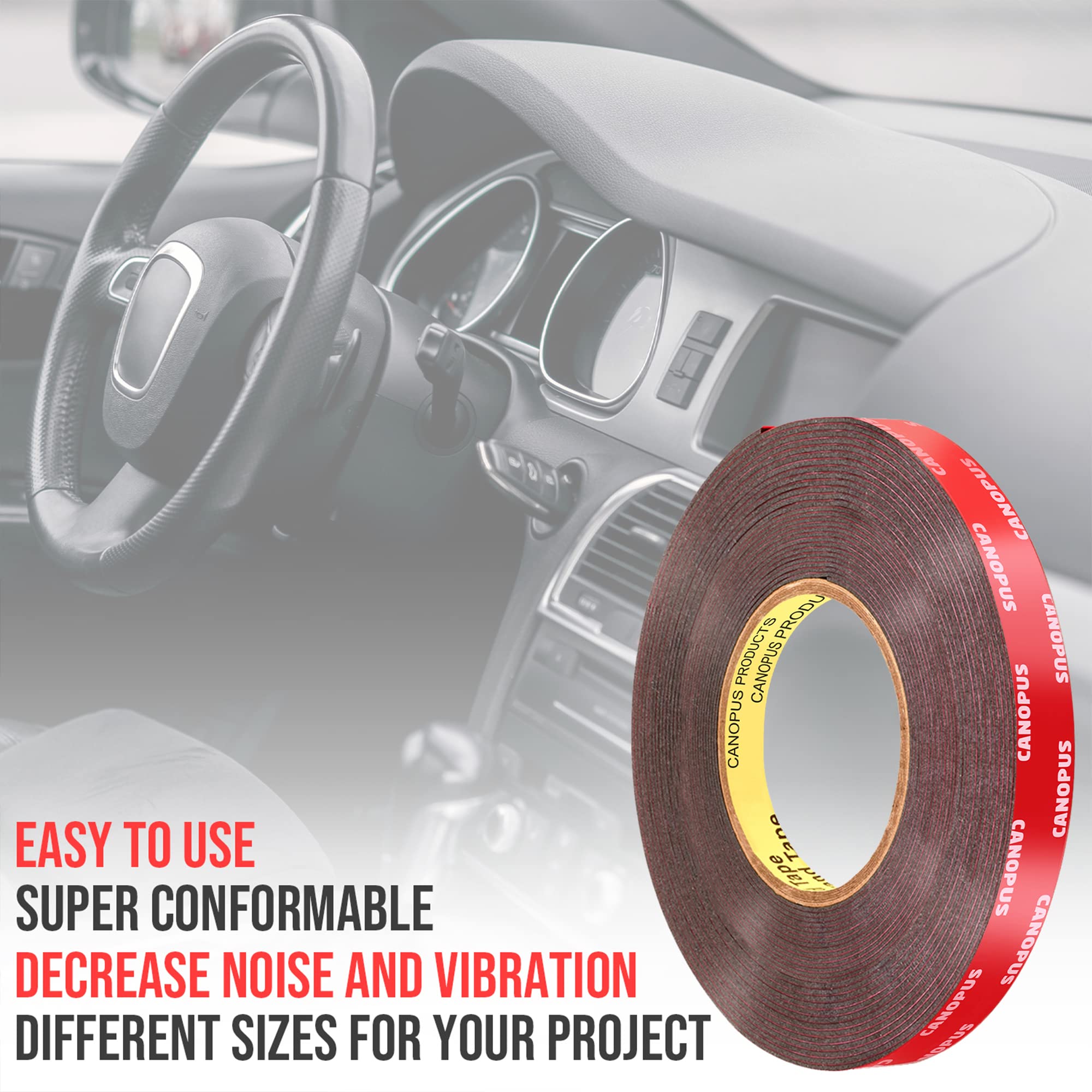 CANOPUS 06382 Automotive Acrylic Plus Attachment Tape 0.5in x 20yd, Double Sided Mounting, Very High Bonding, Perfect for Home, Automotive and Office Duties, Black, Made in USA - Image 3