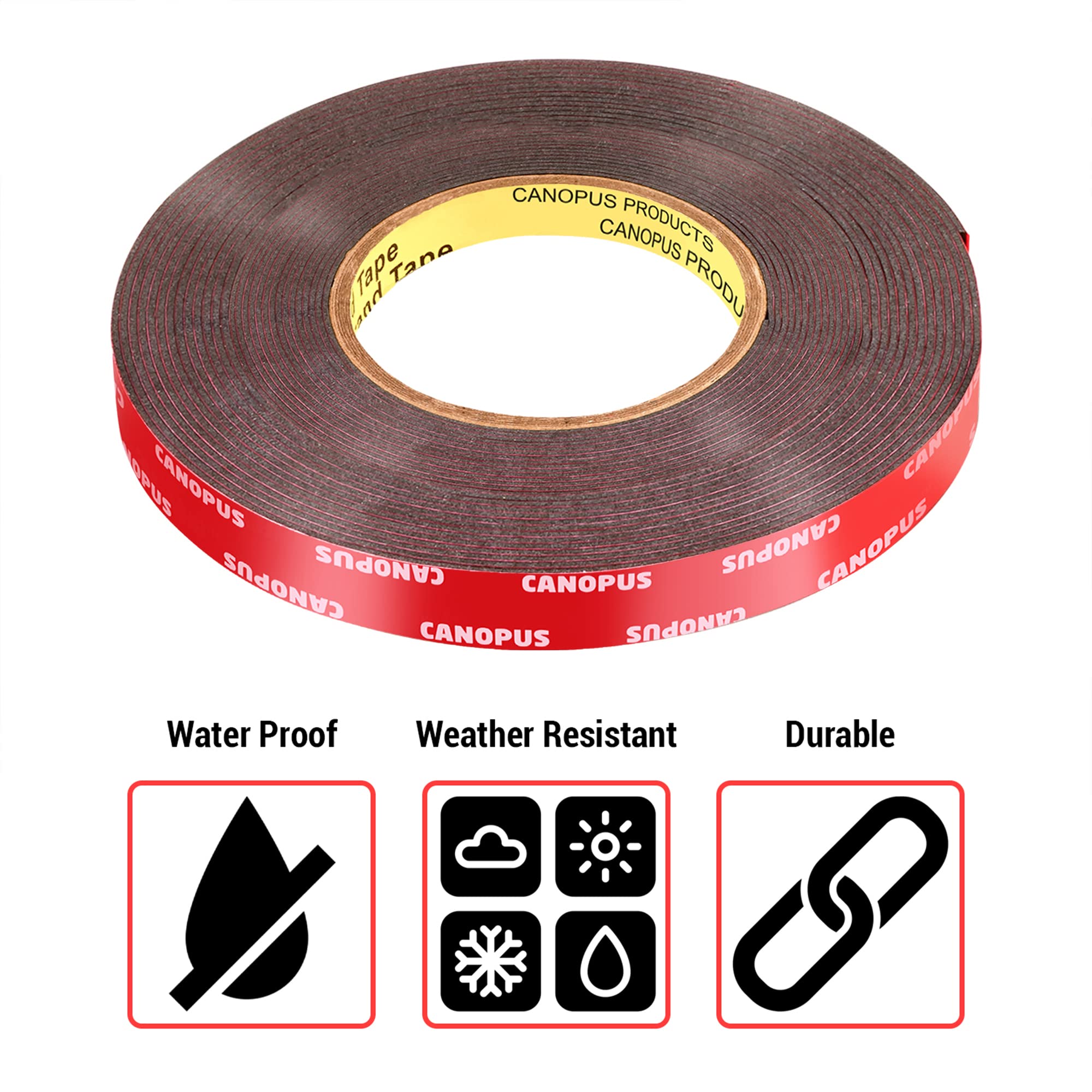CANOPUS 06382 Automotive Acrylic Plus Attachment Tape 0.5in x 20yd, Double Sided Mounting, Very High Bonding, Perfect for Home, Automotive and Office Duties, Black, Made in USA - Image 4