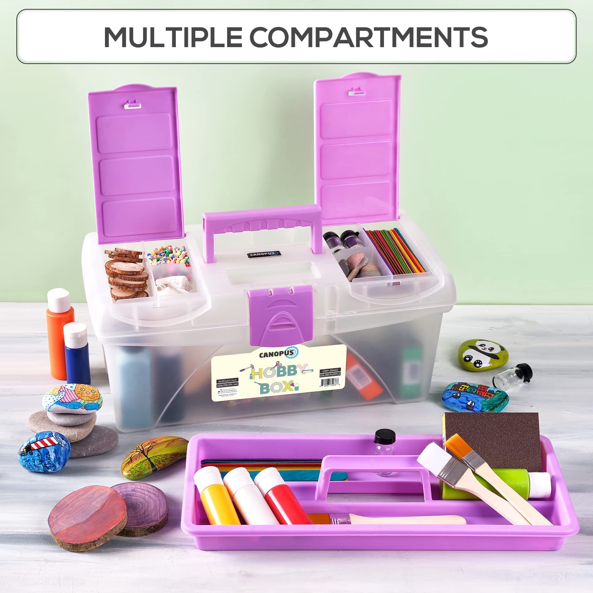 CANOPUS 16-inch Portable Hobby Tool Box, Plastic Storage and Organizer for Tools, Art, Craft, Household and Garage Items, Extra Storage Tray and Lids, Purple - Image 3