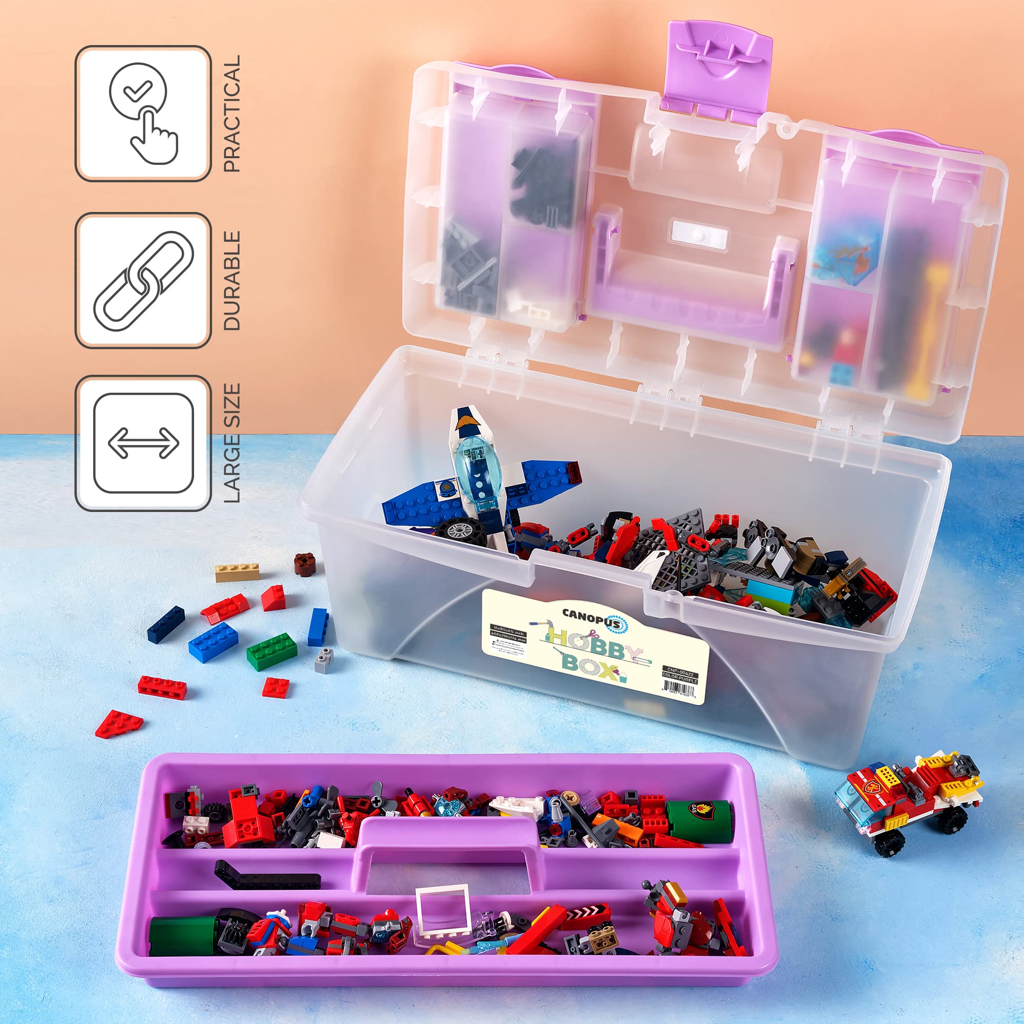 CANOPUS 16-inch Portable Hobby Tool Box, Plastic Storage and Organizer for Tools, Art, Craft, Household and Garage Items, Extra Storage Tray and Lids, Purple - Image 4