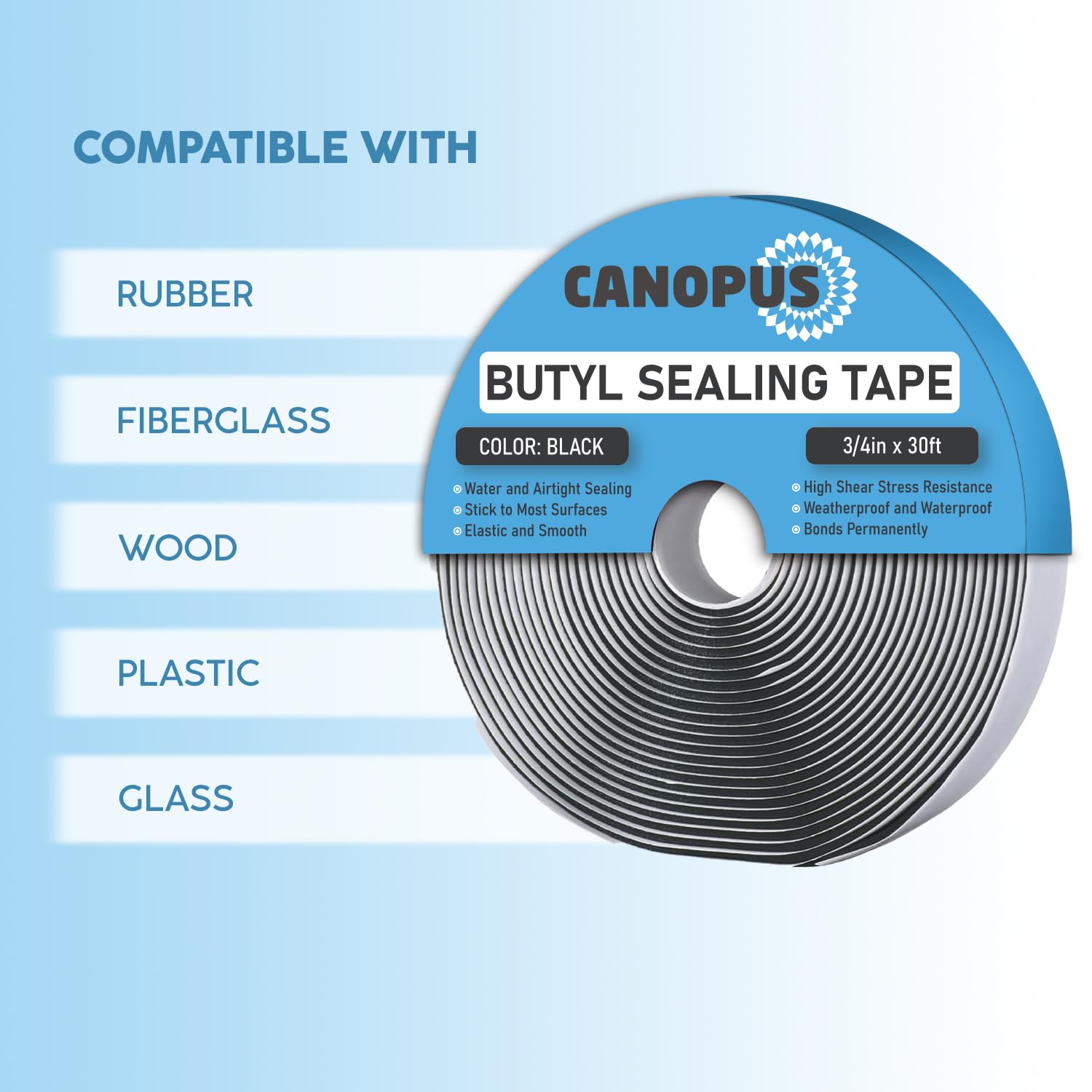 CANOPUS Butyl Seal Tape, Black, 1/8-in x 3/4-in x 30-ft, Heavy Duty, Waterproof Sealant Putty Tape, Rubber Tape to Seal RV, Boat, Home Pipes and Car Windows Leaks - Image 3