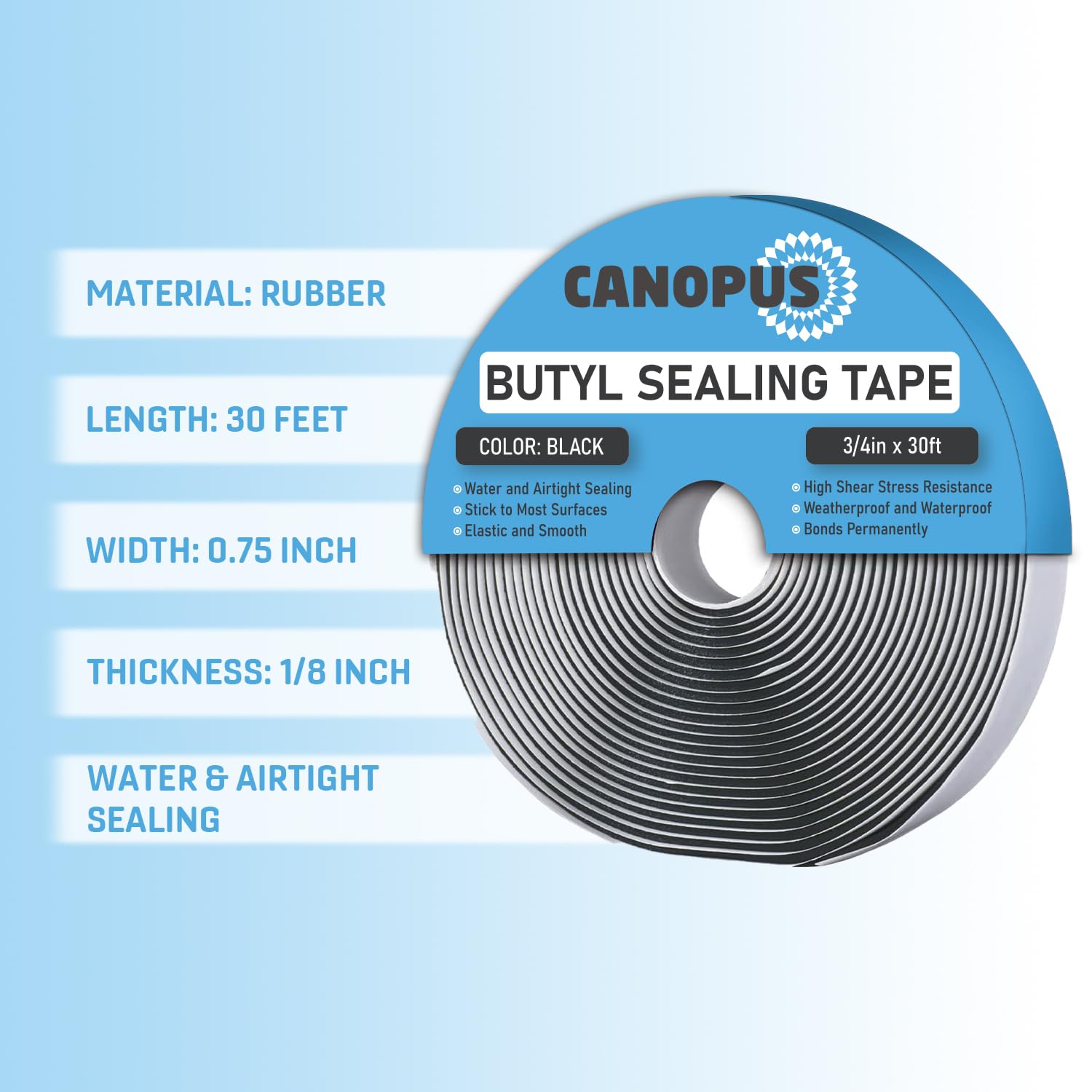 CANOPUS Butyl Seal Tape, Black, 1/8-in x 3/4-in x 30-ft, Heavy Duty, Waterproof Sealant Putty Tape, Rubber Tape to Seal RV, Boat, Home Pipes and Car Windows Leaks - Image 8