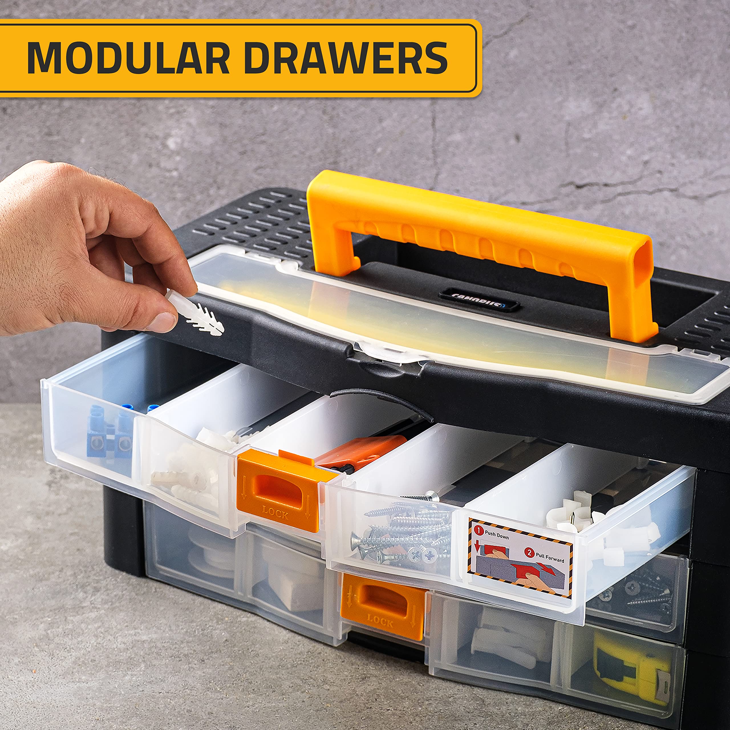CANOPUS Craft Organizer with Drawers, 15-in Modular Drawer Case, Storage Organizer with Transparent Drawers, Portable Plastic Tool Box for Small Tools, Crafts, Screws, Bolts, Hardware and Small Parts - Image 7
