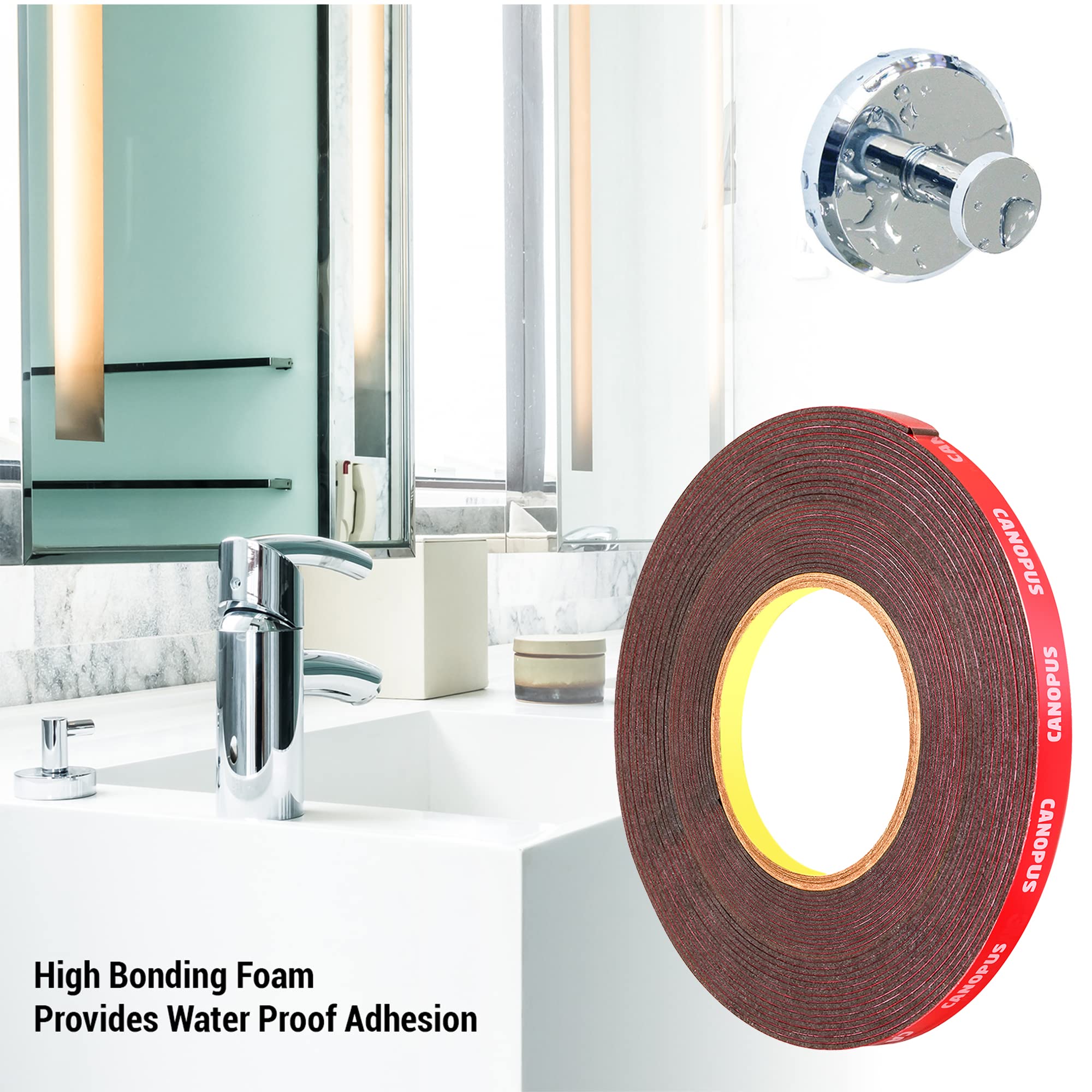 CANOPUS Double Sided Tape, Heavy Duty Adhesive Tape, LED Mounting Tape, Waterproof Foam Tape, 0.4in x 32ft, Suitable for LED Strip Lights, Indoor/Outdoor Craft, Home & Office Projects - Image 3