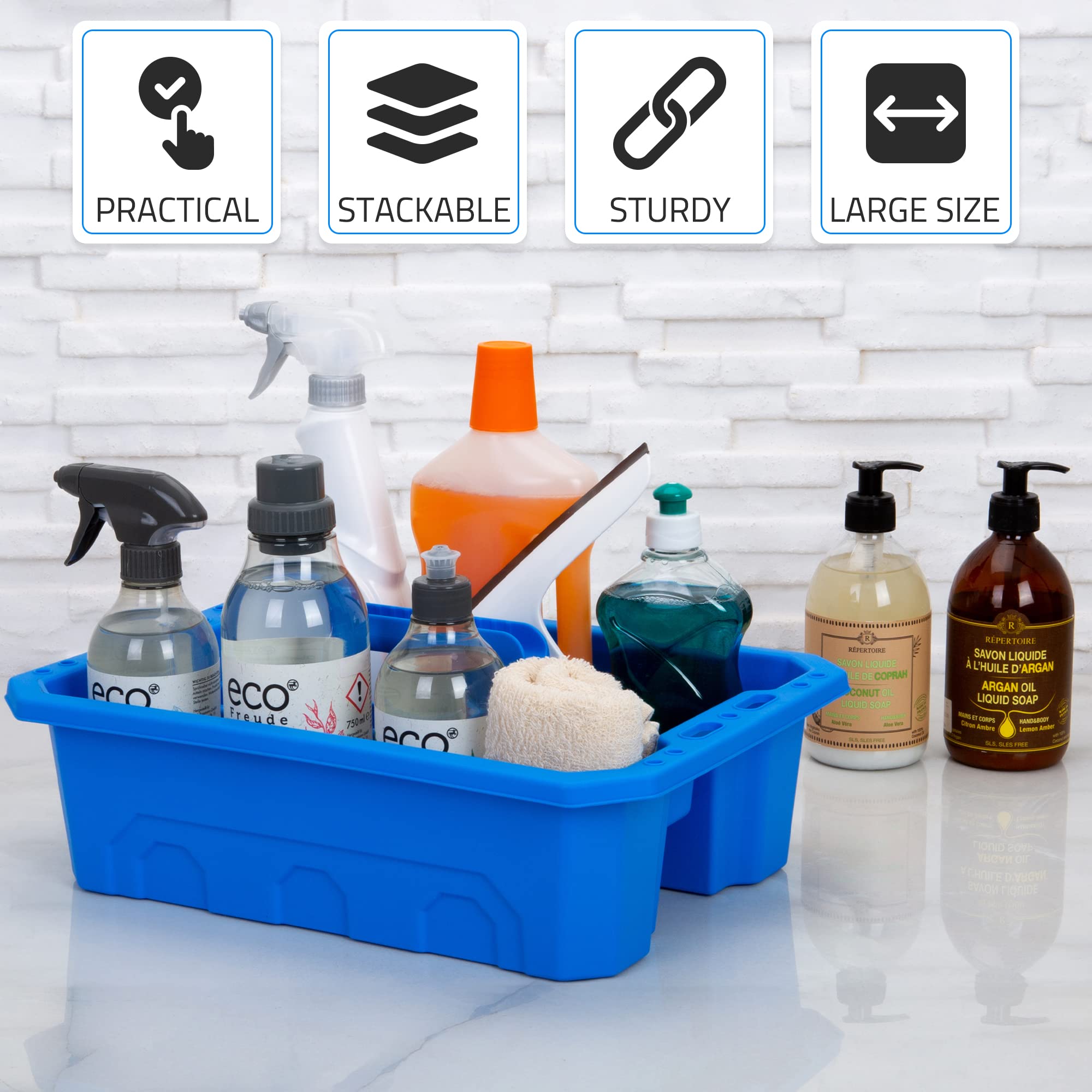 CANOPUS Storage Tray Tote with Functional Holes - 2 PCs Plastic Cleaning Caddy with Handle, Portable Caddy, Undersink Storage for Kitchen, Shoe Cleaning Box, Products Organizer, Blue - Image 3