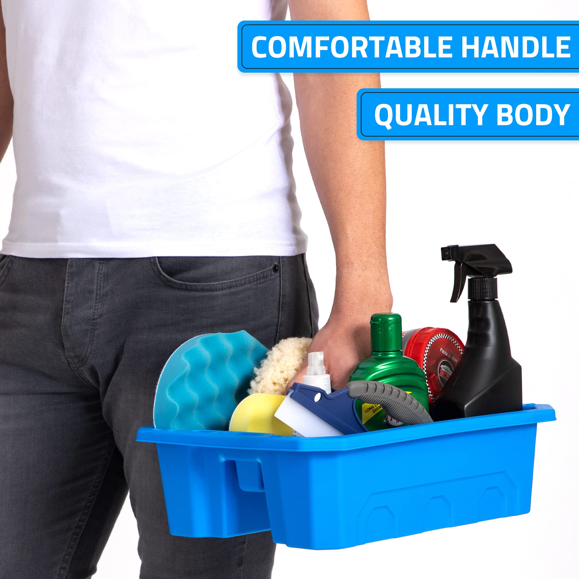 CANOPUS Storage Tray Tote with Functional Holes - 2 PCs Plastic Cleaning Caddy with Handle, Portable Caddy, Undersink Storage for Kitchen, Shoe Cleaning Box, Products Organizer, Blue - Image 5